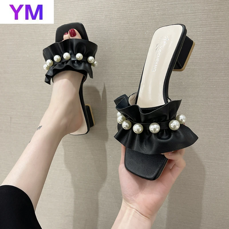 

Сандалии женские плиссированные с квадратным носком, без застежки, с жемчугом и оборками, без застежки, тапочки, домашняя обувь для отдыха, ...