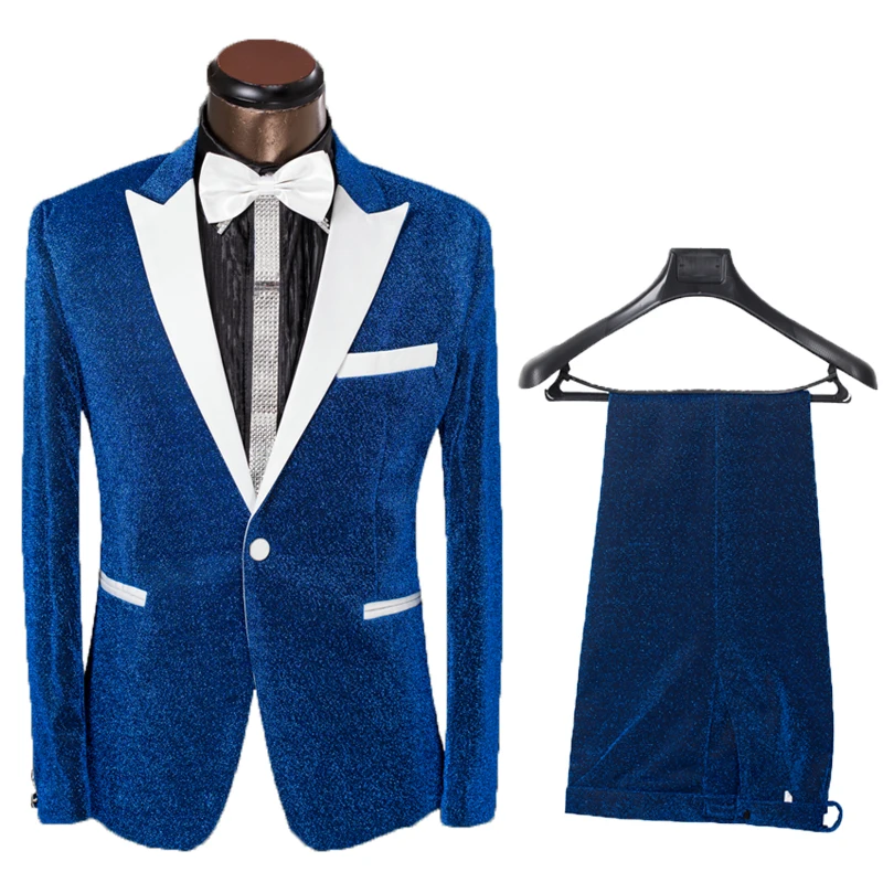 

Mens Suit 2 Pieces Jacket Pants Shiny Show Suits Anzug Herren Ternos Para Hombre Terno Masculino Slim Fit Blazer Groom Wear