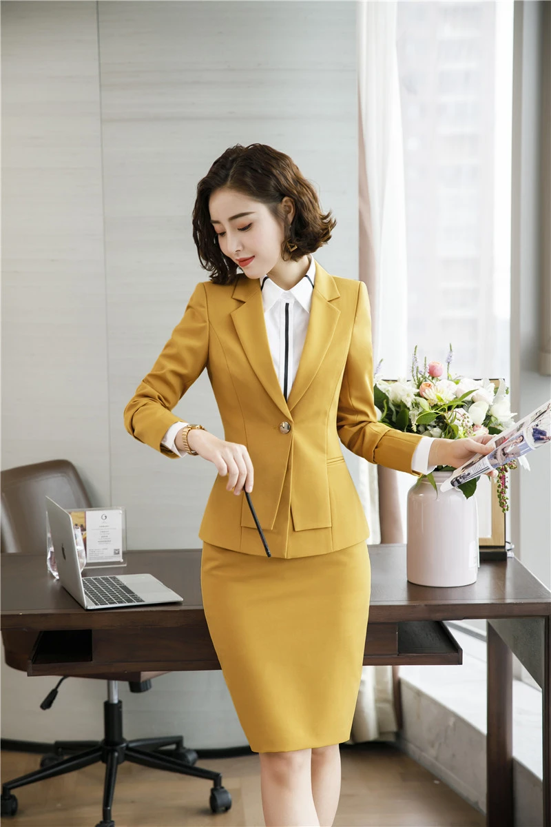 Новинка желтые Деловые женские костюмы в офисном стиле на осень и зиму с
