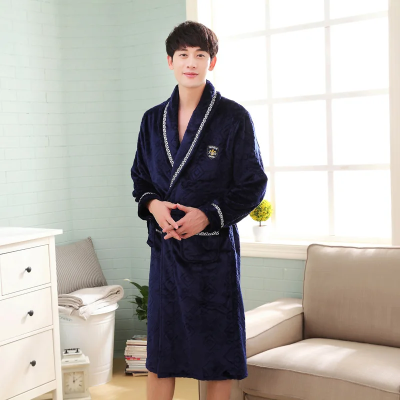 

Мужское повседневное кимоно, фланелевый длинный халат, Толстая теплая ночная рубашка, повседневная домашняя одежда для осени и зимы
