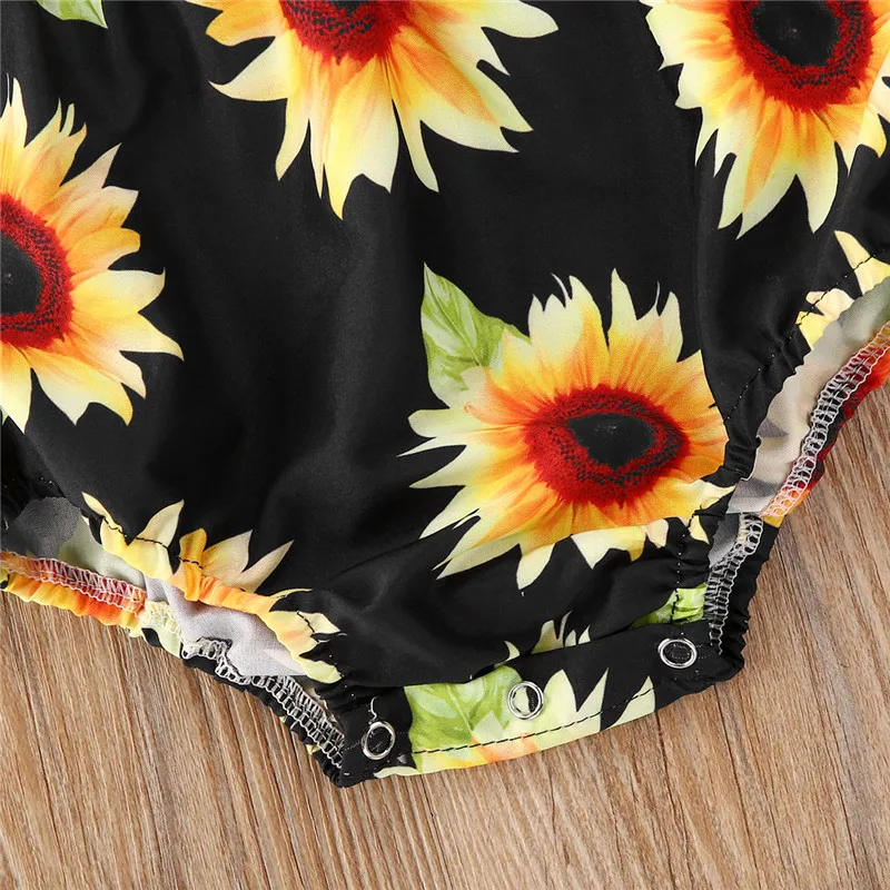 

Cute Infant Baby Girls Romper Summer Princess Sunflowers Print Patchwork Blue Jumpsuits Newborn Baby Girls Backless Romper 0-24M