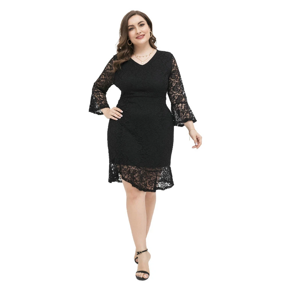 Oversized Elegant Dress For Wedding Party Lady Lace Light Soft Middle Dress Set Feminine Clothes Skirt Black Plus Size Irregular