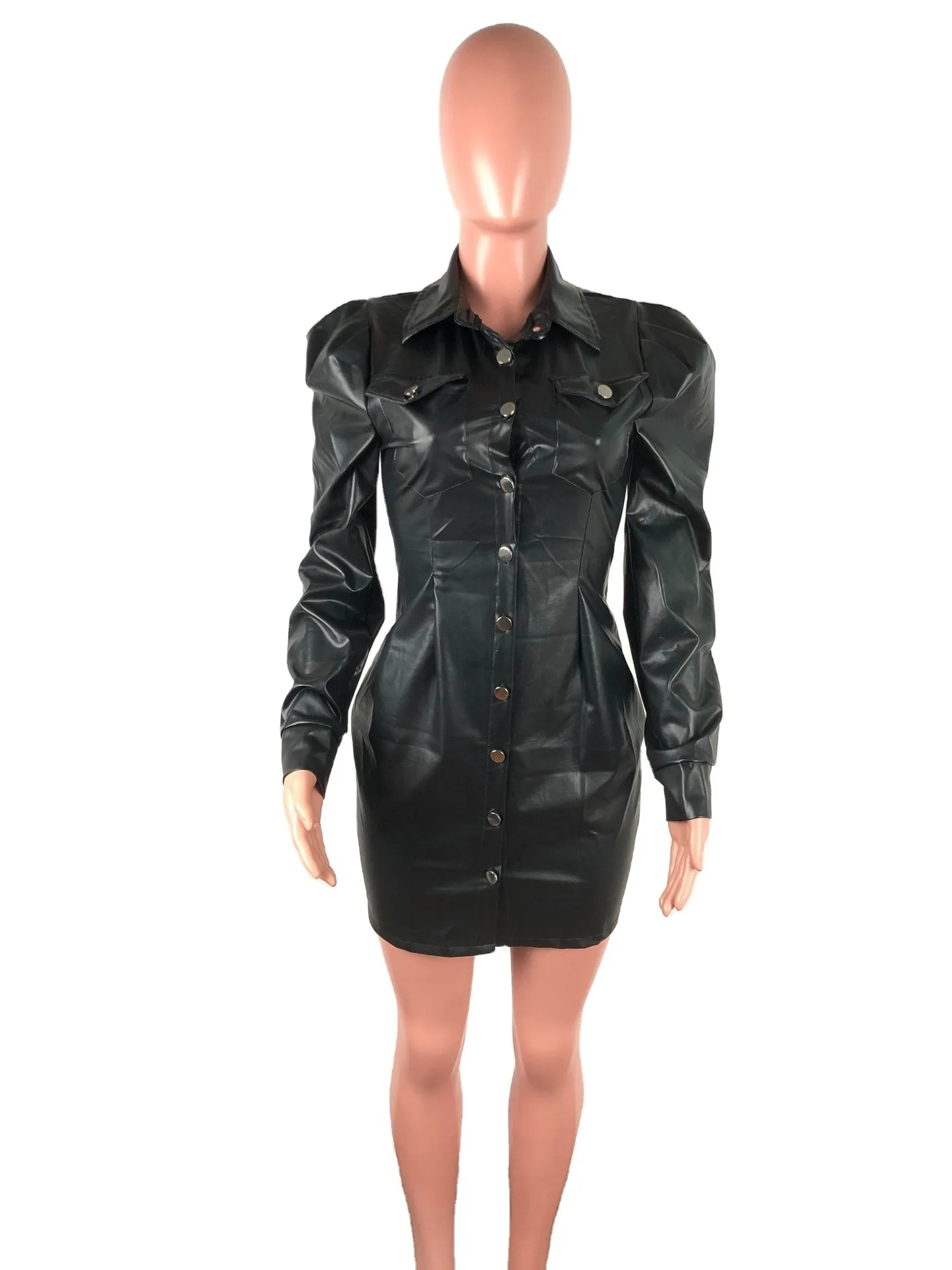 

Adogirl PU Leather Mini Dress Woman Long Puff Sleeve Covered Button Night Club Party Outfits High Street Package Hip Vestidos