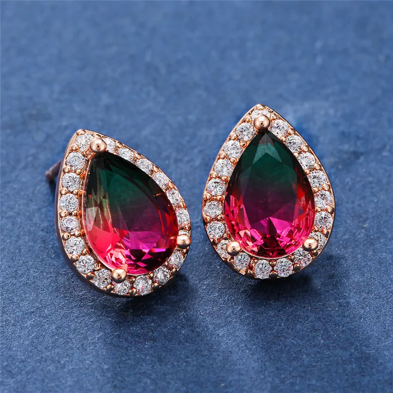 

Cute Red Green Zircon Stone Stud Earrings For Women Fashion Wedding Jewelry Vintage Rose Gold Rainbow Teardrop Earrings