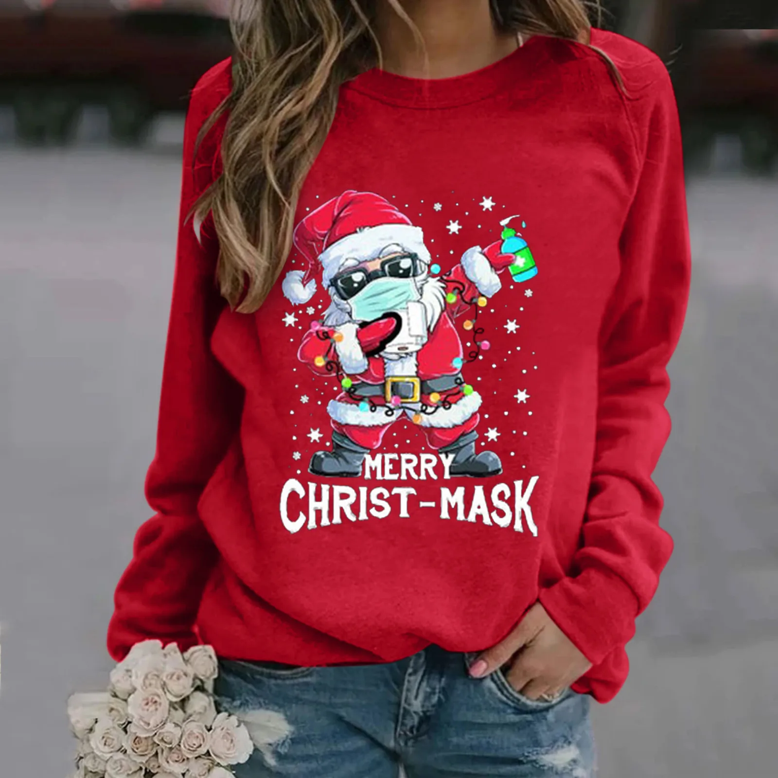 

Merry Christmas Print Santa Sweatshirt Women Long Sleeve Casual Loose Crewneck Pullover Tops Hoodies No Hooded Sudadera Mujer