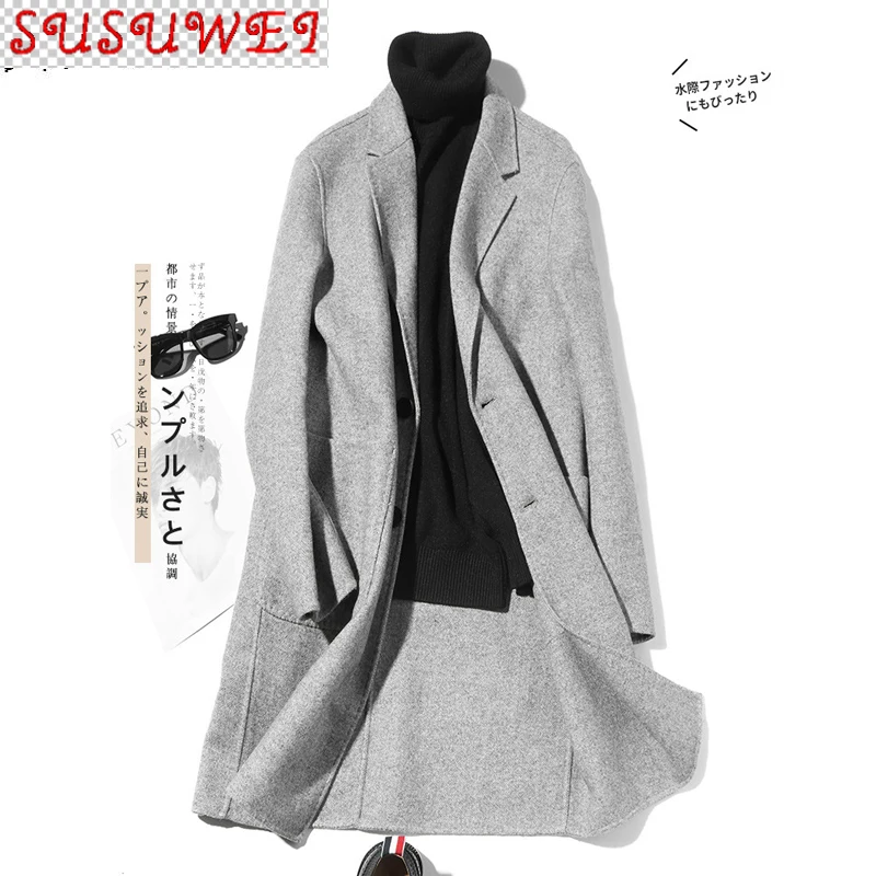 

SUSUWEI Double-sided Wool Coat Handmade Spring Woolen Coat Casual Suit Jacket Mens Overcoat Casaco Masculino LM18-1005 KJ1467