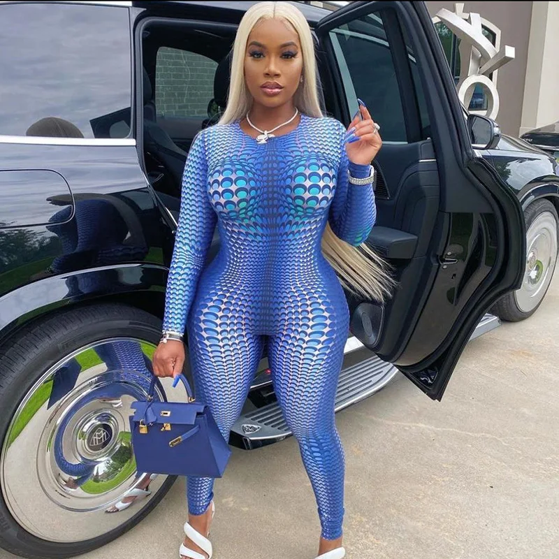 

2021 Autumn Casual Women Jumpsuit Print Fitness Sportwear O-neck Long Romper Women Jumpsuit Outfit