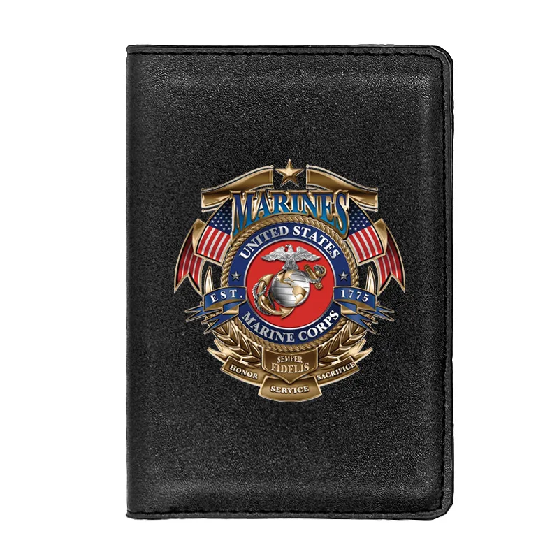 

United States Marine Corps Passport Cover Classic Leather Men Women ID Credit Card Travel Holder Wallet