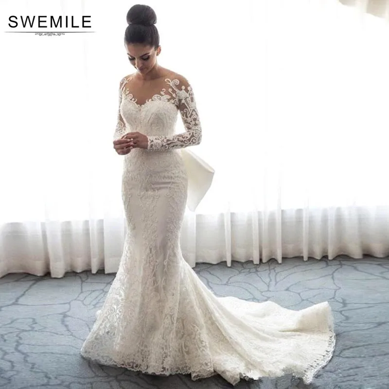 SWEMILE-Vestidos De Novia De encaje De sirena, desmontable, tren De manga larga, lazo, vestidos De boda De lujo
