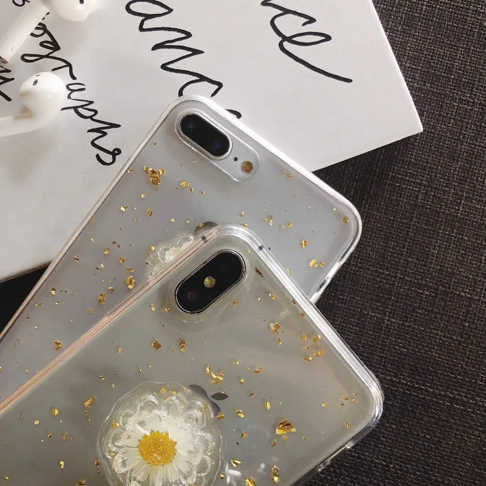 

3D Daisy Real Dry Flower Clear Phone Case For iPhone 12 11 Pro Max XS XR X 7 8 Plus 12Mini Epoxy Transparent Soft Silicone Cover