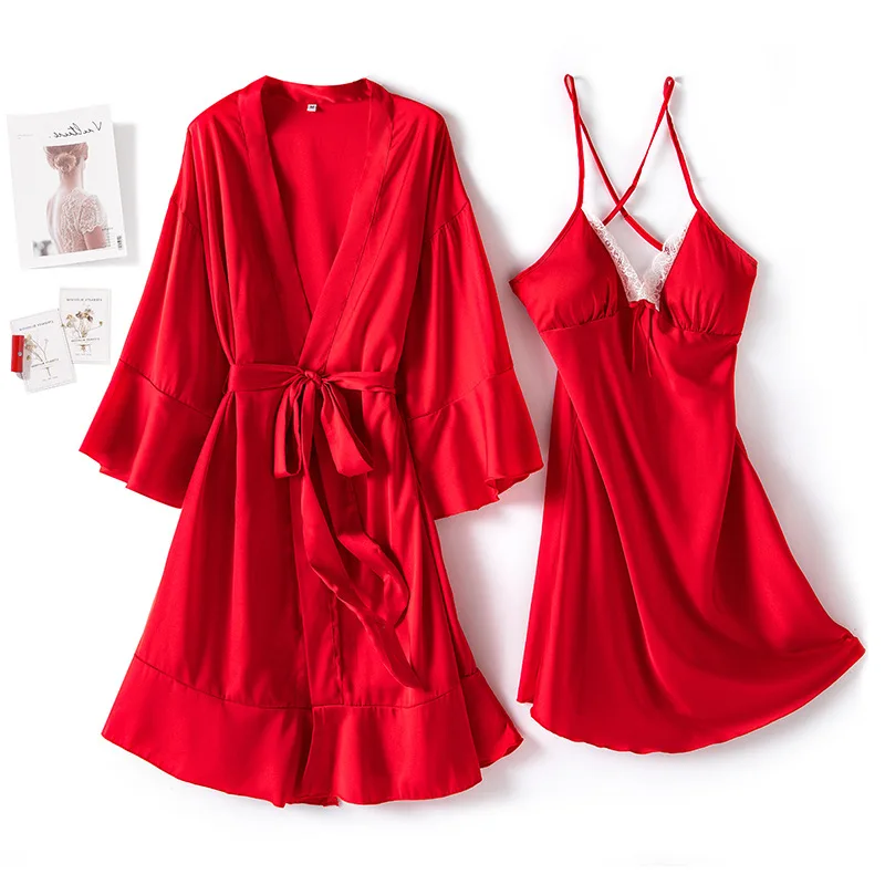 

Women Sleepwear Bathrobe 2pcs Set Elegant High-quality Satin Nightdress Soft Comfortable Sexy Intimate Nightgown