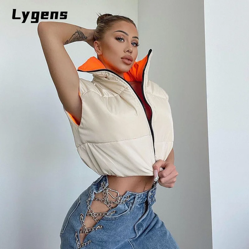 

Lygens 2021 Autumn Winter Women Cotton Padded Vest Jacket Crop Top Sleeveless Zipper Turtleneck Casual Streetwear Girls Clothing