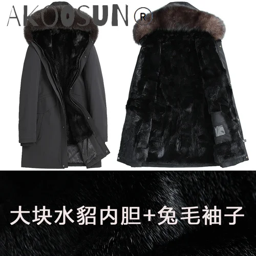 

AKOOSUN Genuine Shearling Winter Jacket Men Clothing Hooded Parka Real Mink Fur Coat 100% Rabbit Fur Sleeves Jackets Ropa LXR809