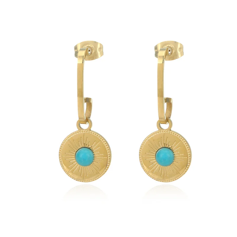 

Golden Geometry Drop Earrings For Women Stainless Steel Round Earcuff Exquisite Turquoise Dangle Earrings Boho Jewelry Accessory