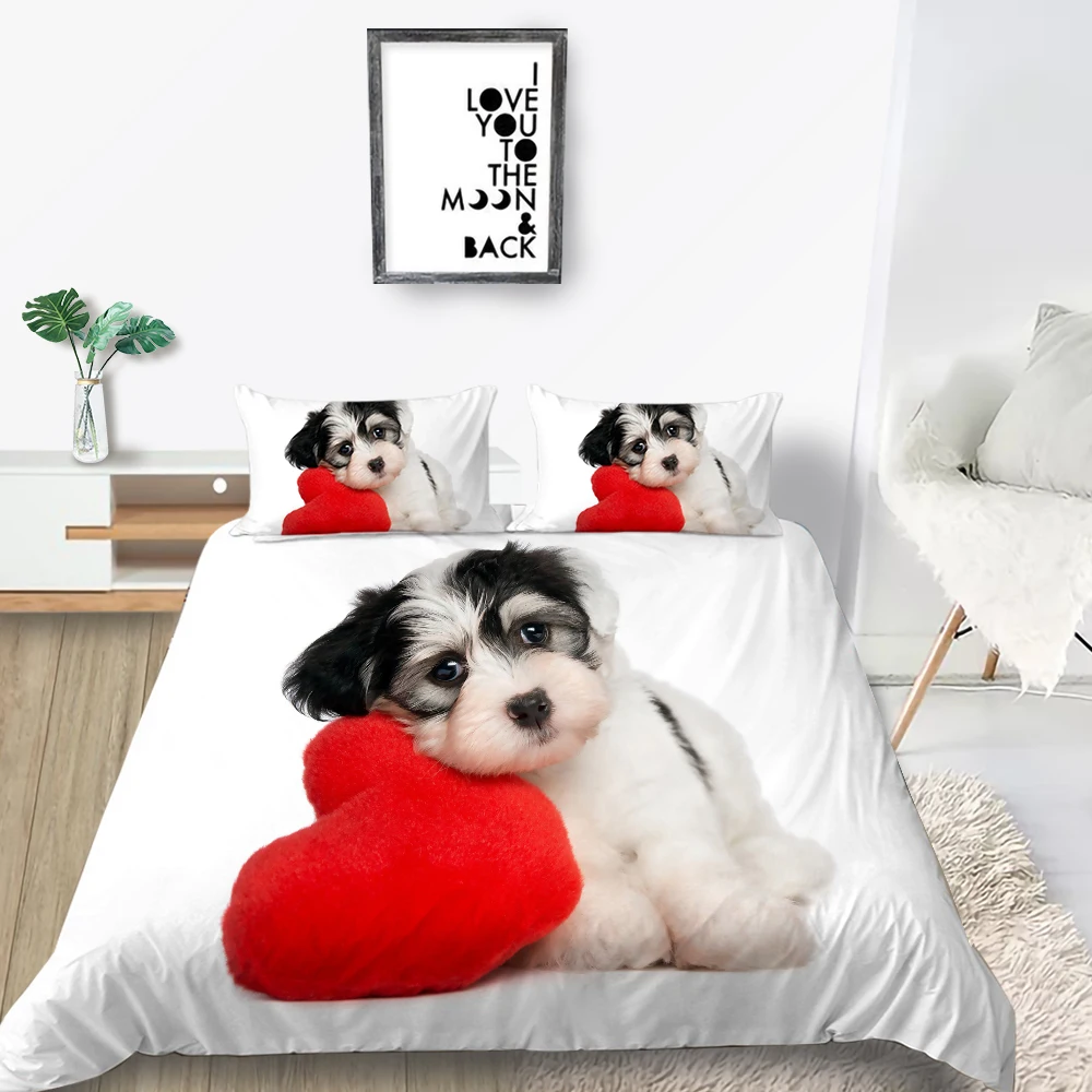 

Hot Sale Bedding Set Puppy And Love Comfortable Duvet Cover White King Queen Twin Full Single Double Unique Design Bed Set