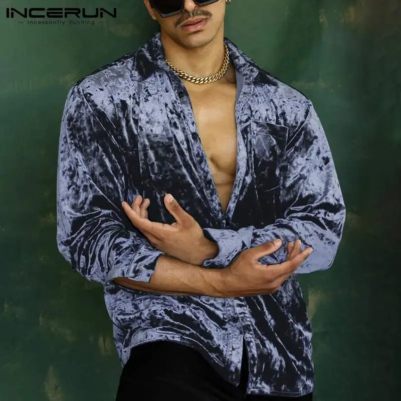 

Men Shirt Velour Lapel Long Sleeve 2021 Solid Color Streetwear Casual Men Clothing Button Autumn Leisure Camisas S-5XL INCERUN