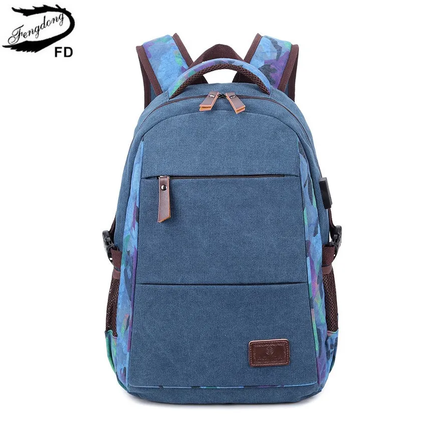Мужской школьный рюкзак Fengdong синий Повседневный с usb-зарядкой для мальчиков и