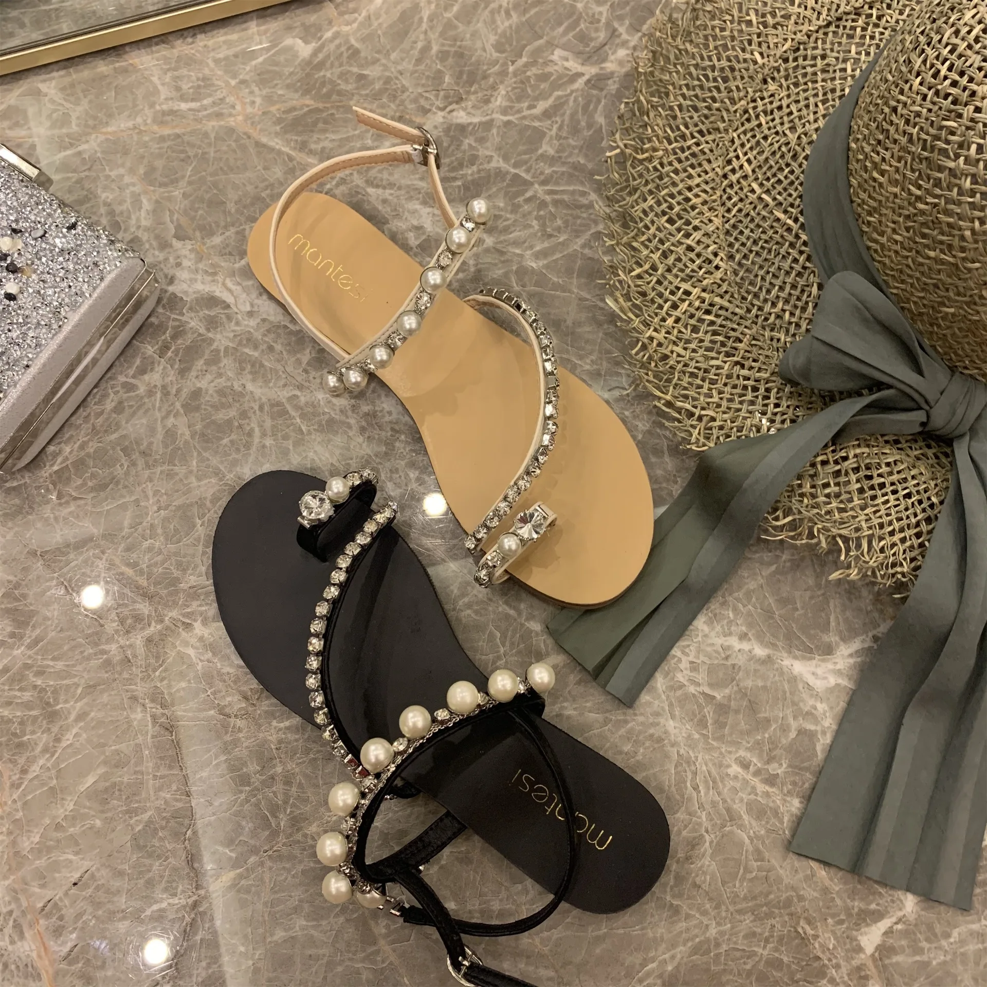 

Pearl Sandals Comfort Shoes for Women High Heels Flip Flops Platform High-heeled Fashion 2021 Girls Corrective Fabric Buckle Str