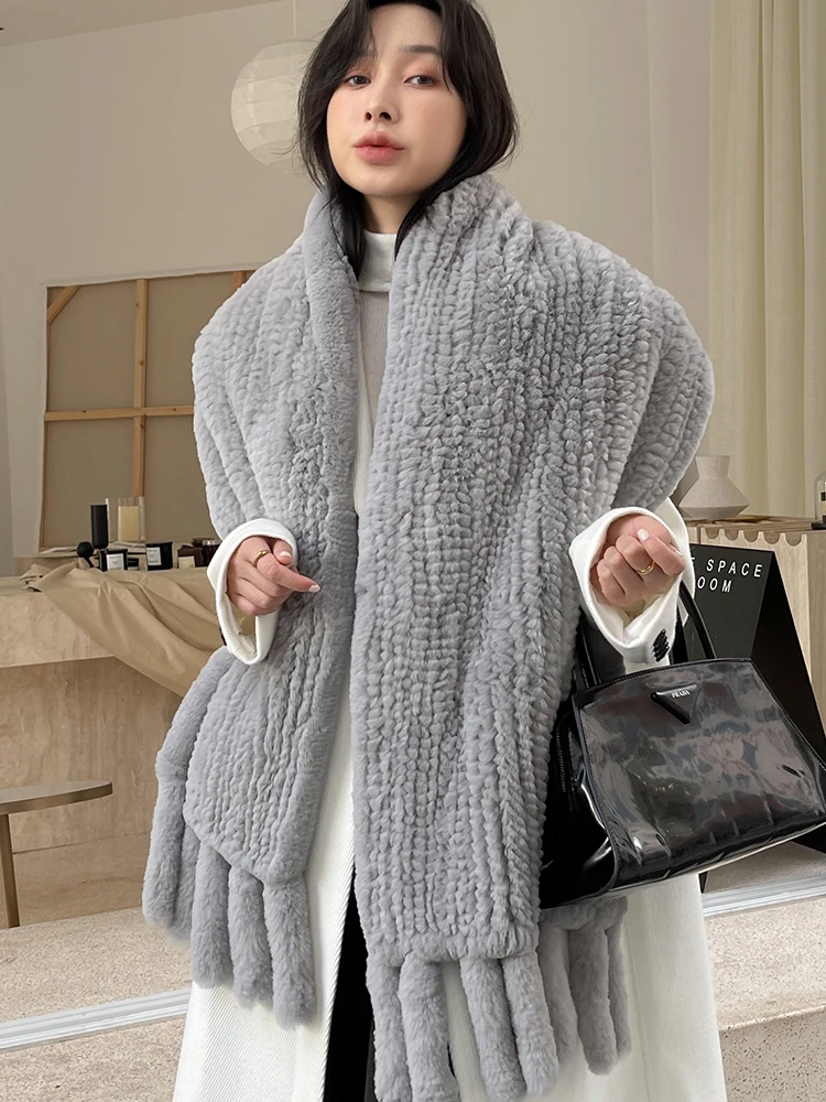 Women's Real Rex Rabbit Fur Scarf with Tassel Winter Warm Knitted Cape Long Wraps for Female |