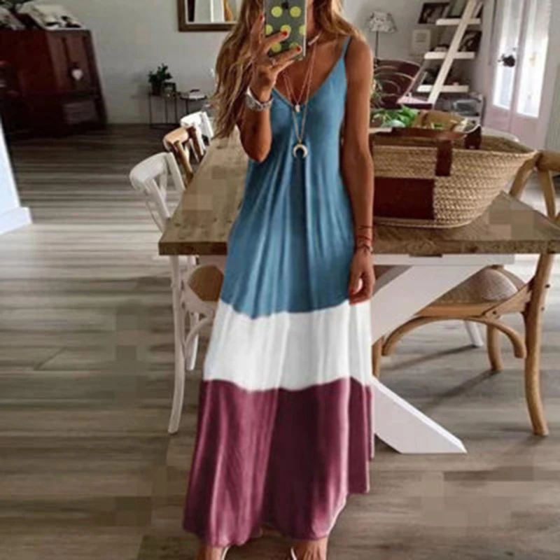 

Summer Women Boho Maxi Dress Print Spaghetti Strap Sleeveless Sun Beach Dresses Robe Female Vestidos Plus Size