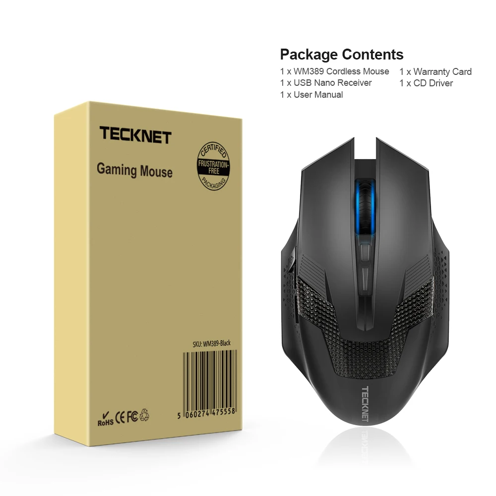 TeckNet программируемая игровая беспроводная мышь 2,4 ГГц RAPTOR светодиодный подсветка 4800 dpi 8 кнопок USB Nano приемник Prime Беспроводные мыши