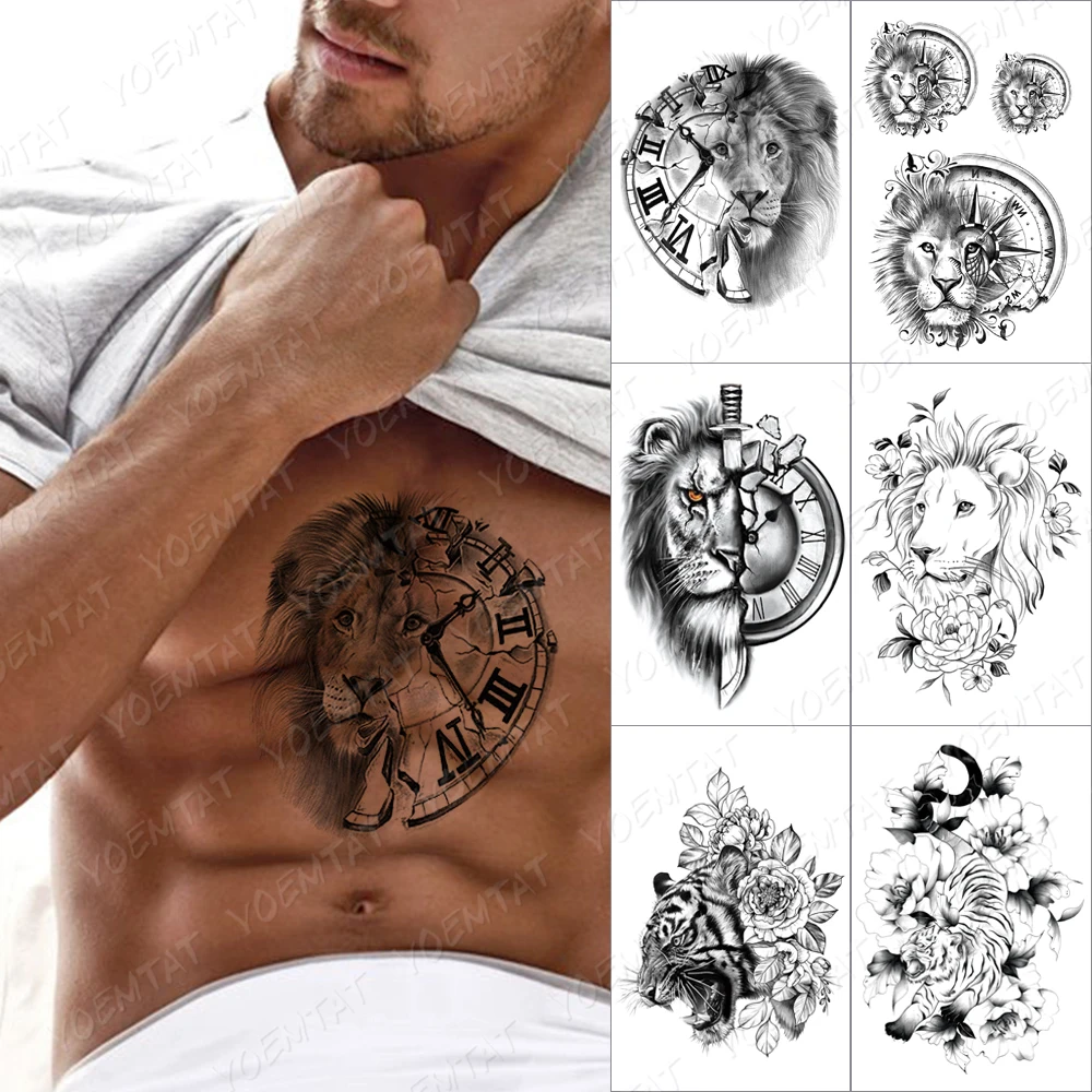 

Clock Lion Knife Temporary Tattoo Sticker For Men Women Rose Flower Wolf Waterproof Fake Henna Tiger Animal Body Art Tatoo Decal