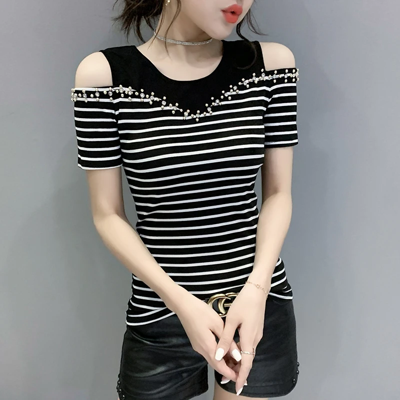 

diamond Spring summer new short sleeve splicing bump color T-shirt careful machine off-shoulder heavy hammer bead small unlined