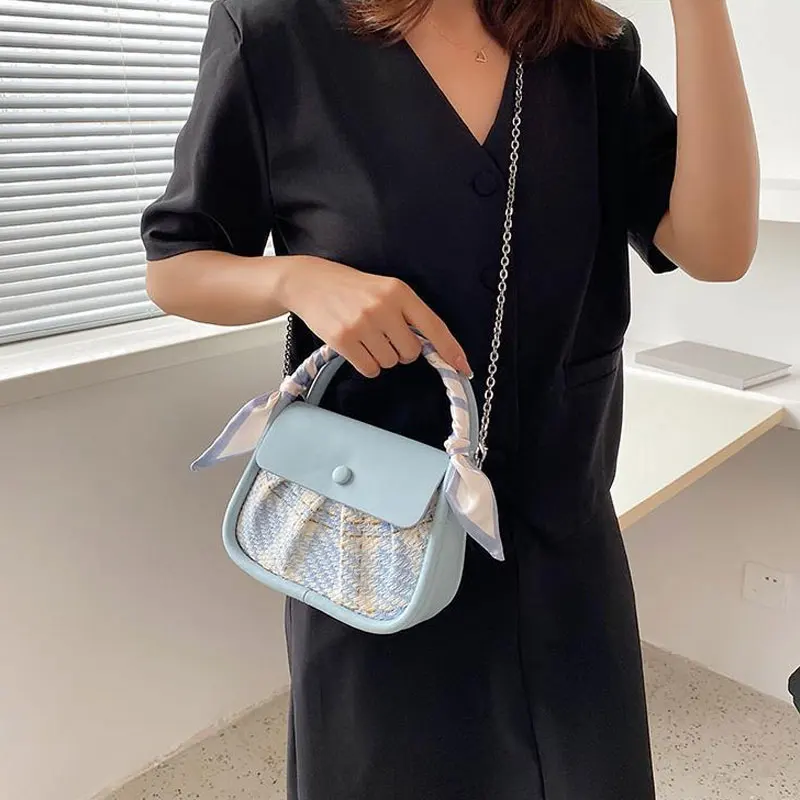 

Plaid Scarf Tote Women Small Handbags Top Handle Shoulder Bags Leather Cute Crossbody Young Ladies Evening Bag 2021 Brand Purses