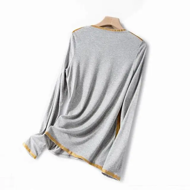 

Women T-shirt Autumn New Three-color Comfortable Bronzing Piping Long-sleeved T-shirt