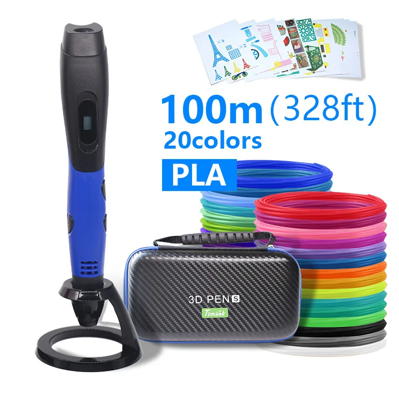 Blue pen PLA100m 3d ручка 3d-ручки, светодиодный дисплей, ABS / PLA-филамент, 3-я ручка Добавить специальные брекеты для защиты рук,с 5 В в 2A usb адаптер 3d-печатные ручки Рождественские подарки - Цвет: Blue pen PLA100m