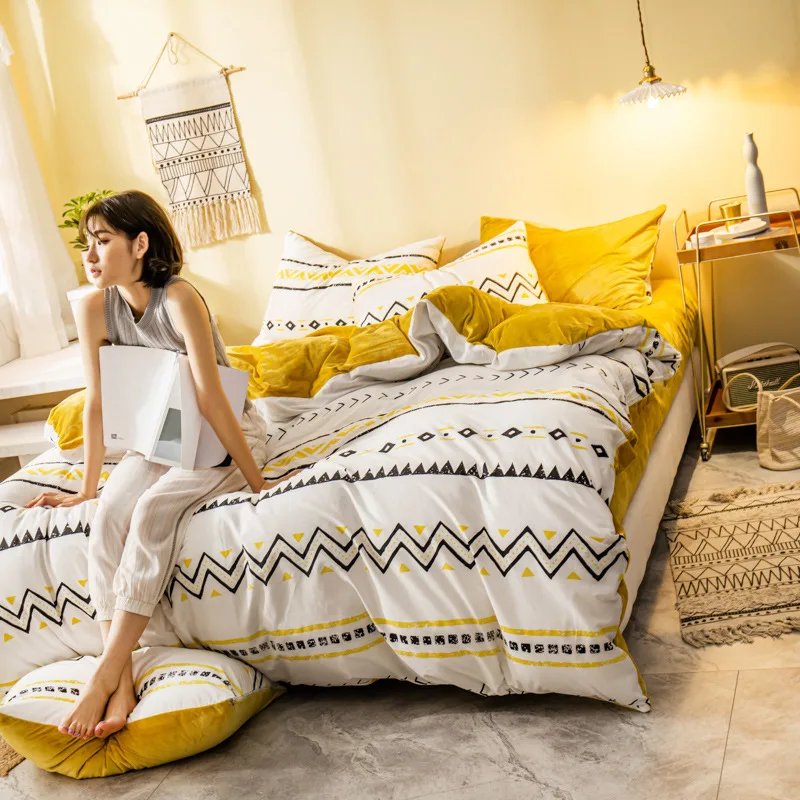 

Luxury Bedding 100 Cotton Bed Set AB Double-sided Flannel Cashmere Duvet Cover Warm Winter Thicken Bedding Set Comforter Covers
