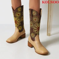 kolnoo new 2022 handmade women block heel boots patchwork classic style vintage retro midcalf booties evening fashion prom shoes