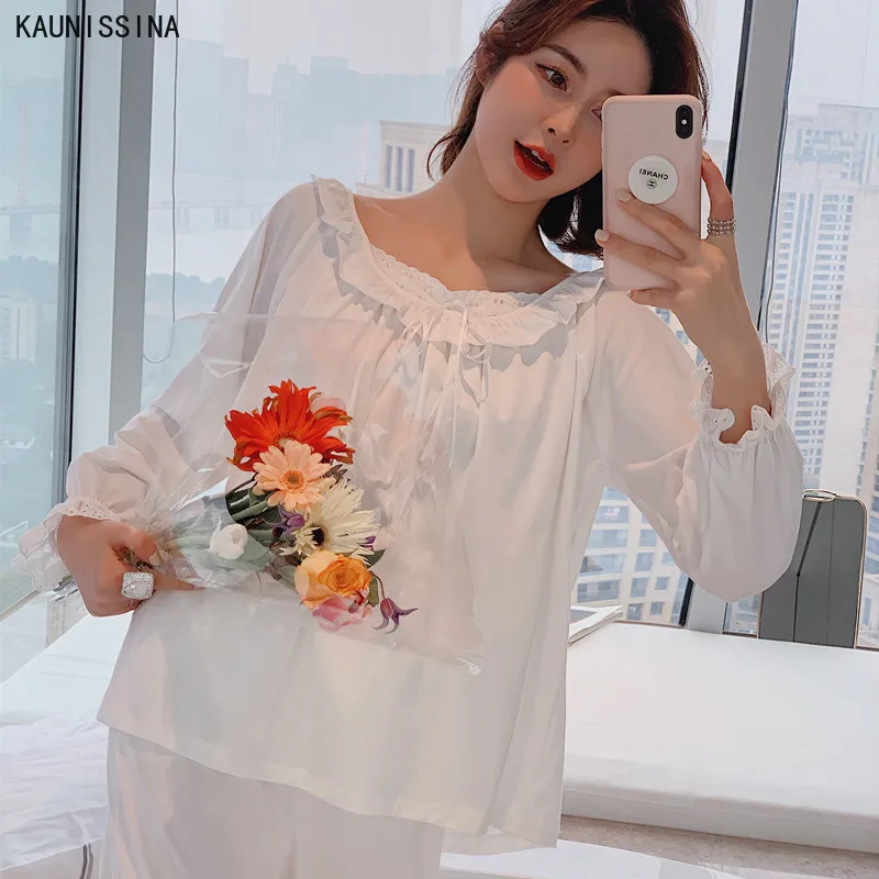 

Women Cotton Pajamas Sets White Long Sleeve Vintage Elegant Sleepwear Sweet Pyjamas Spring Autumn Home Nightwear