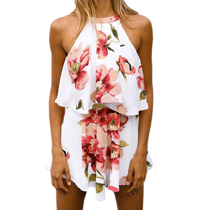 

Boho 2 Pieces Fashion 2019 Summer Women Sexy Halter Sleeveless Blusas Floral Printed Female Suits 2 Pieces Tops & Shorts GV456