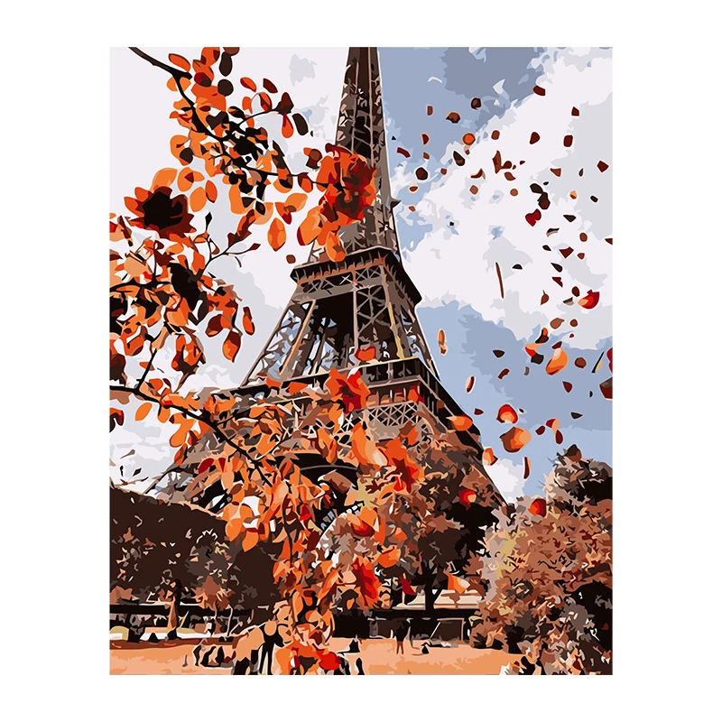 

Frameless diy digital oil Eiffel Tower landscape European decorative painting flower hand painting can hang in the living room