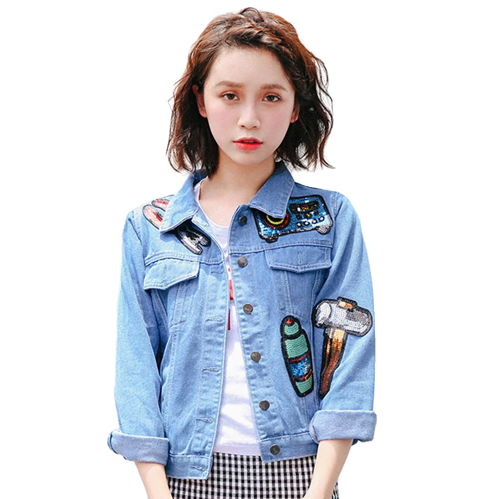 

Женская джинсовая куртка в стиле Харадзюку, Офисная Повседневная синяя куртка из денима с блестками, укороченный топ с длинным рукавом, жак...