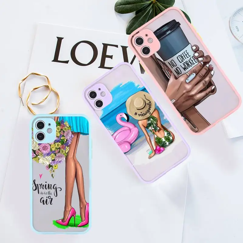 

Fashion Classy Paris Girl Phone Case For iPhone 12 11 Mini Pro XR XS Max 7 8 Plus X Matte transparent Purple Back Cover