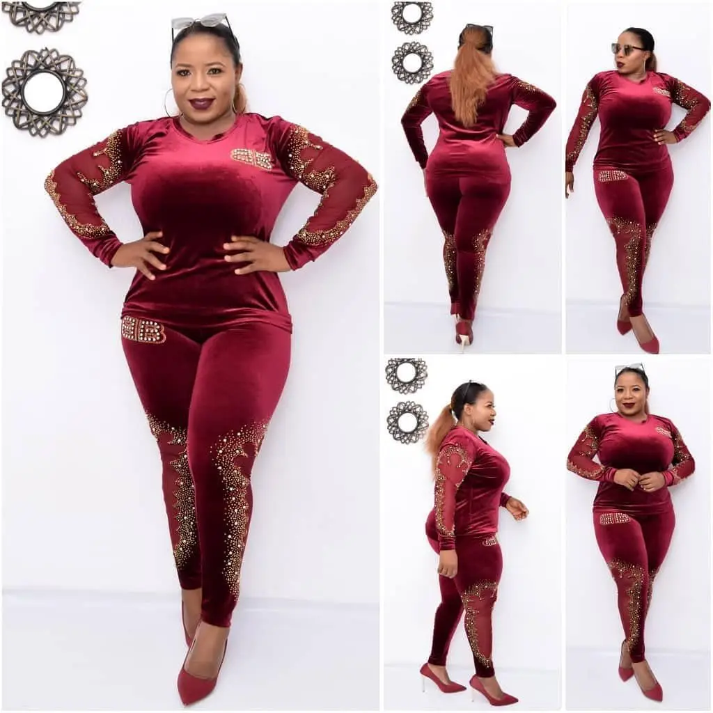 

HAOOHU Velvet 2 Piece Sets 2021 Fashion Bazin Beading Dashiki Women Pullover Top and Elastic Pattern Pants Sets For Women Female