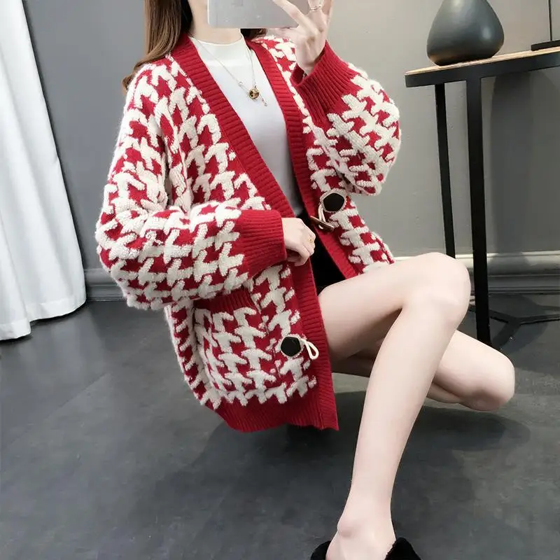 V образный вырез женское кнопка черный кардиган с узором гусиные лапки 2021 Свитер