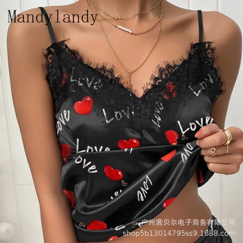 

Mandylandy Women Sexy Love Letter Printing Suit Summer Fashion Low Waist Straight Shorts + Spaghetti Strap V-neck Lace Top Suit