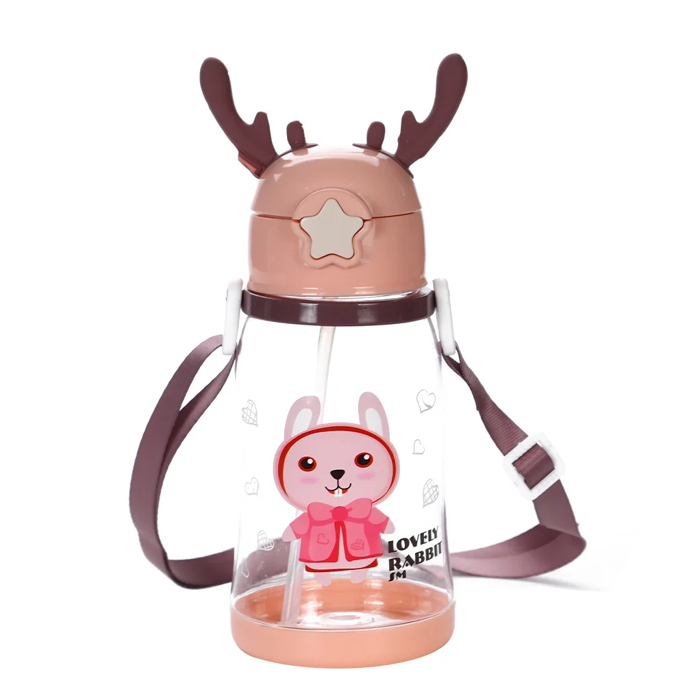 

Cute antler plastic cup Sports Strap kettle student cartoon straw cup children's water cup customized gift