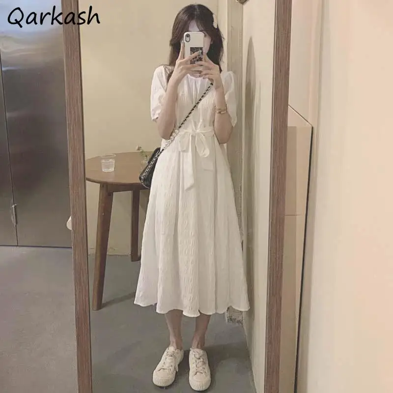 

Dress Women Elegant A-line Fashion Korean Style Bandage Loose Summer Party Holiday High Waist Preppy Cute Cute Puff Sleeve Ins