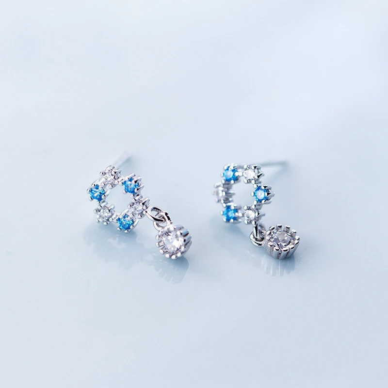 

Real 925 Sterling Silver Mini Blue and White Zircon Stud Earrings Teardrop Round Earrings Studs for Women Girls