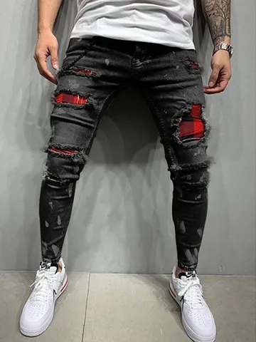 Мужские обтягивающие джинсы с рисунком, зауженные рваные потертые плиссированные джинсовые брюки до колена, Брендовые повседневные брюки для мужчин