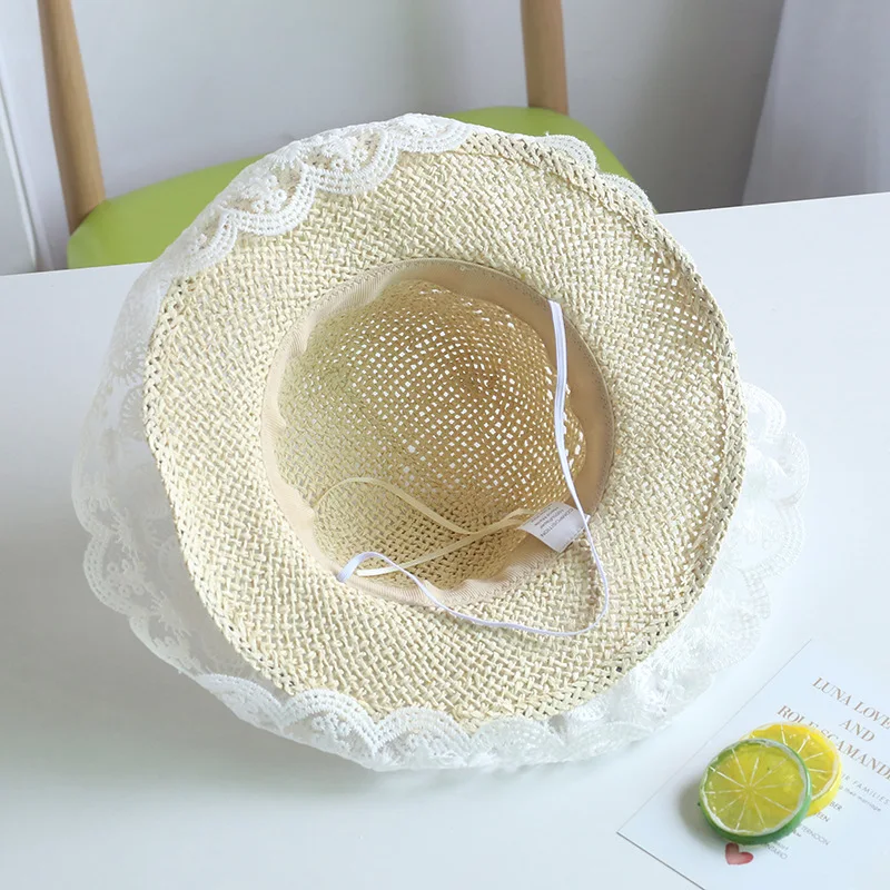 

Kids Girl Cute Bow Sun Hats Straw Beach Hat with Wide Sun hat Shade Hat Lace Flower Summer Sun Protection Hat 2-5Y