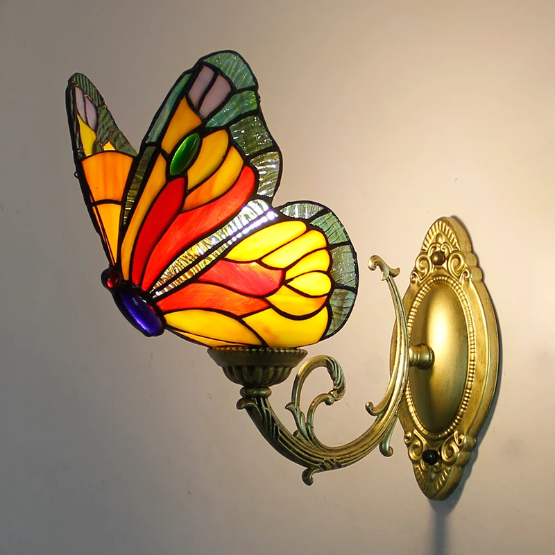 Tiffany style Butterfly Wall Lamp Indoor Asile Stair Wall Mounted Sconce Fixture Bedroom Bedside Decoration Lighting glass shade