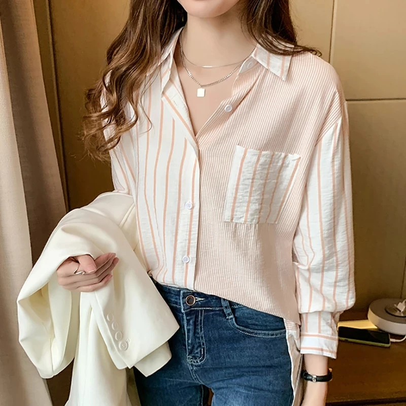 GGRIGHT 2021 Striped Casual Pockets Long Sleeve Shirt Women Cotton Blouse Ladies Clothes Button Womens Tops Chemisier Femme | Женская