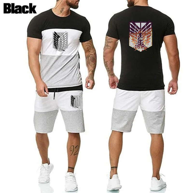 

Summer The new 2021 Men Set Fitness Suit Sporting Suits Short Sleeve T Shirt + Quick Drying 2 Piece Attack on Titan Set