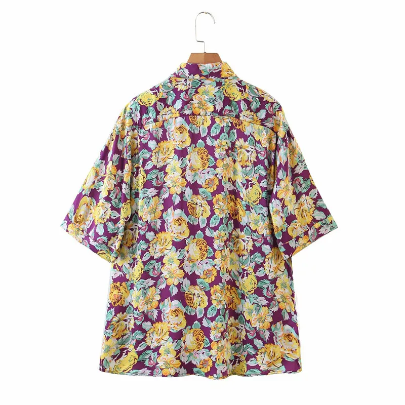 Summer Chic Lady Floral Print Purple Za Long Blouse Women Fashion Single Breasted Short Sleeve Holidy Beach Style Shirt blusas | Женская