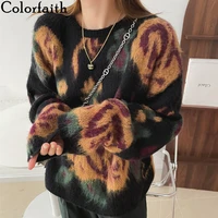 colorfaith new 2021 autumn winter womens sweaters pullover floral printed elegant vintage knitwears fashionable tops sw3151jx